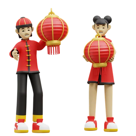 Chinese Children Are Lighting Up Red Lantern  3D Illustration