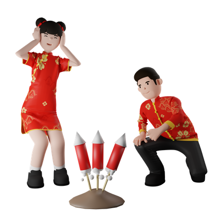 Chinese Children Firing Firecracker  3D Illustration