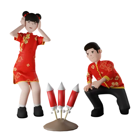 Chinese Children Firing Firecracker  3D Illustration