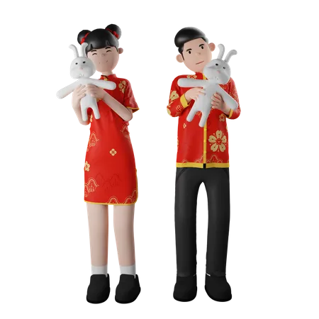 Chinese Children Holding Rabbit Toy  3D Illustration