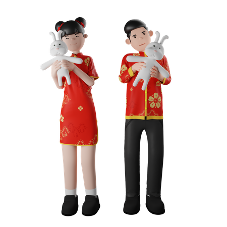 Chinese Children Holding Rabbit Toy  3D Illustration
