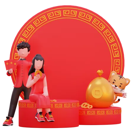 Chinese couple holding cards in hand 3D Illustration