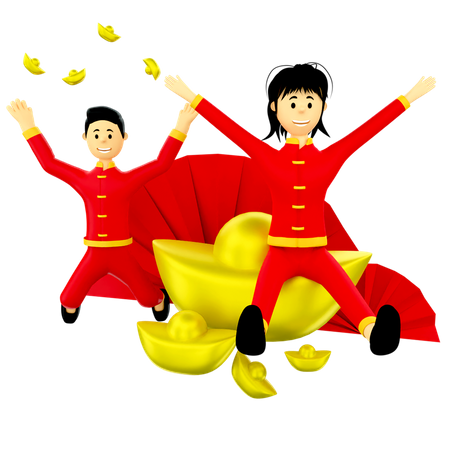 Chinese couple with gold ingots  3D Illustration