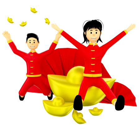 Chinese couple with gold ingots 3D Illustration