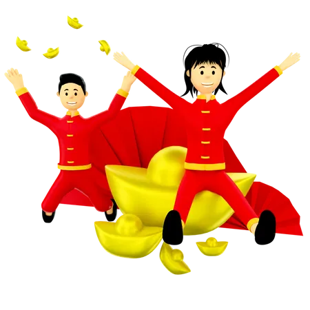 Chinese couple with gold ingots  3D Illustration