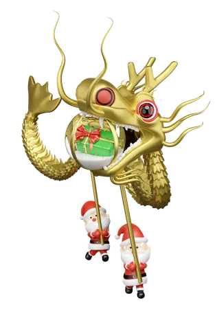 3 D Gold Chinese Dragon Dance With Santa Claus Decorative Snow Globe Glass Transparent Gift Box Hat Merry Christmas And Happy New Year 3 D Render Illustration 3D Icon