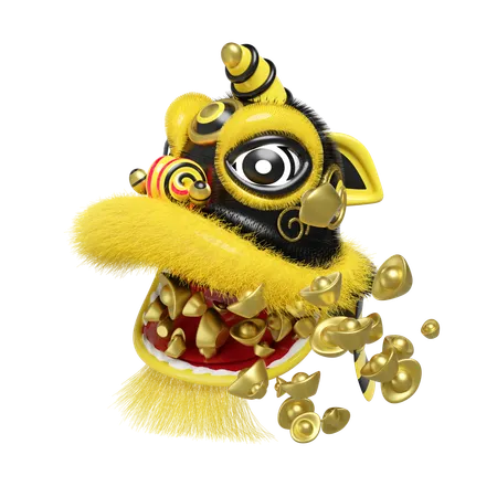 3 D Yellow Lion Dance Head With Chinese Gold Ingot For Festive Chinese New Year Holiday 3 D Render Illustration 3D Illustration