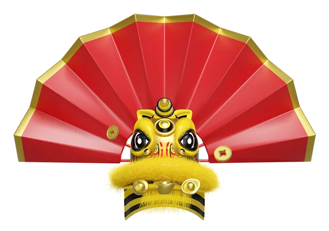 3 D Fan With Yellow Lion Dance Head Chinese Gold Ingot Coin For Festive Chinese New Year Holiday 3 D Render Illustration 3D Illustration