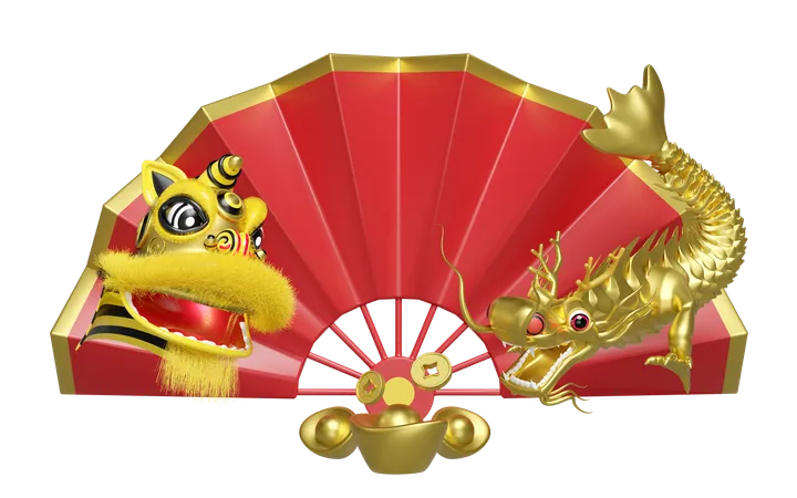 3 D Fan With Lion Dance Head Dragon Chinese Gold Ingot Coin For Festive Chinese New Year Holiday 3 D Render Illustration 3D Illustration