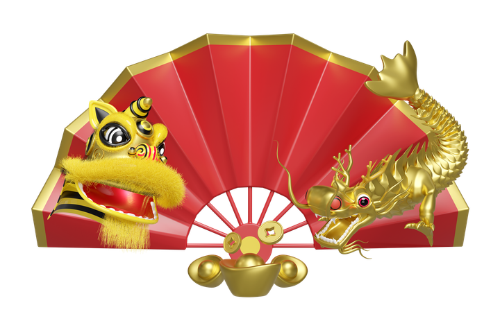 Chinese Dragon With Hand Fan And Gold Ingot  3D Illustration