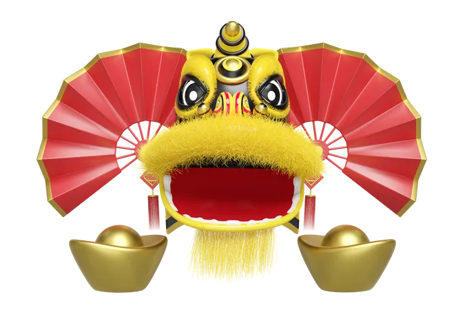 3 D Yellow Lion Dance Head With Fan Chinese Gold Ingot For Festive Chinese New Year Holiday 3 D Render Illustration 3D Illustration