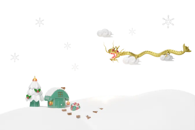 3 D Gold Chinese Dragon With House On Snow Hill Ornaments Glass Pine Tree Gift Box Cloud Snowflake Merry Christmas And Happy Chinese New Year 3 D Render Illustration 3D Illustration