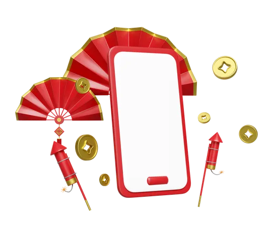 3 D Mobile Phone Smartphone With Fan Firework Rocket Chinese Coin For Festive Chinese New Year Holiday 3 D Render Illustration 3D Illustration