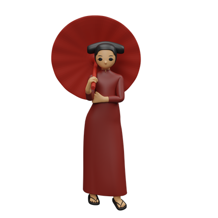 Chinese girl giving standing pose with Chinese umbrella  3D Illustration