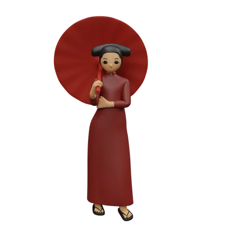 Chinese girl giving standing pose with Chinese umbrella  3D Illustration