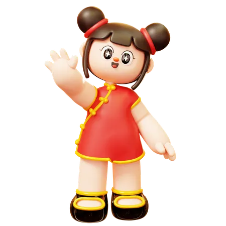Cute Cartoon 3 D Character Chinese Girl In Red Cheongsam Dress Greeting Happy Lunar New Year Tradition Chinatown And Chinese New Year Tradition 3D Illustration