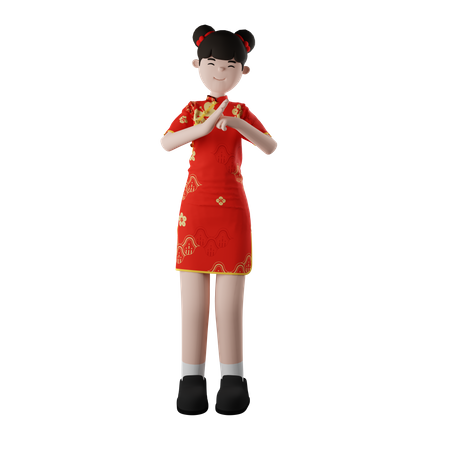 Chinese Girl Greeting  3D Illustration