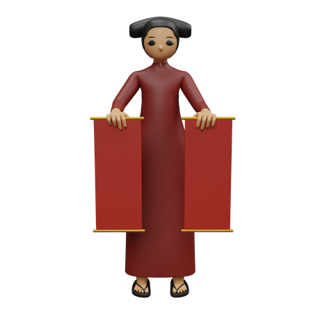 Chinese girl holding Chinese banner  3D Illustration