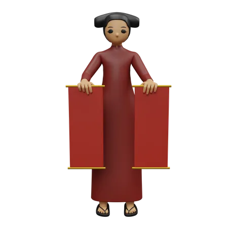 Chinese girl holding Chinese banner  3D Illustration