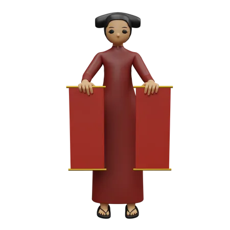 Chinese girl holding Chinese banner 3D Illustration