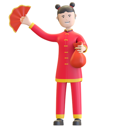 Chinese girl holding Chinese fan  3D Icon