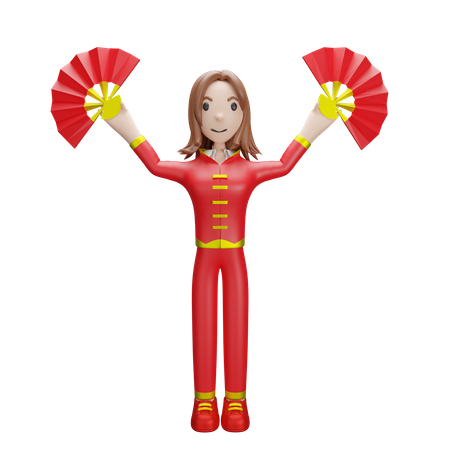 Chinese Girl holding Chinese fan 3D Illustration