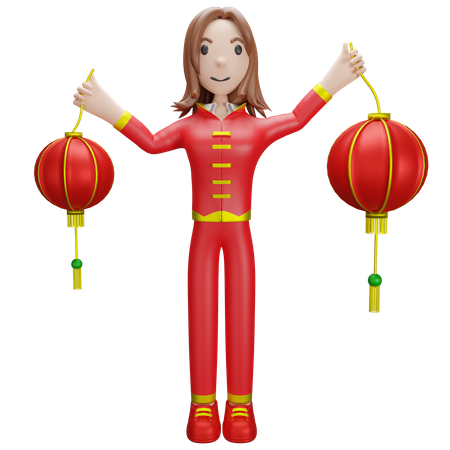 Chinese Girl holding Chinese lantern 3D Illustration