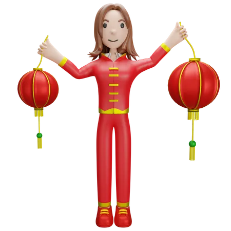 Chinese Girl holding Chinese lantern  3D Illustration