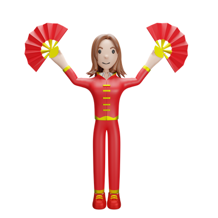 Chinese Girl holding Chinese fan  3D Illustration