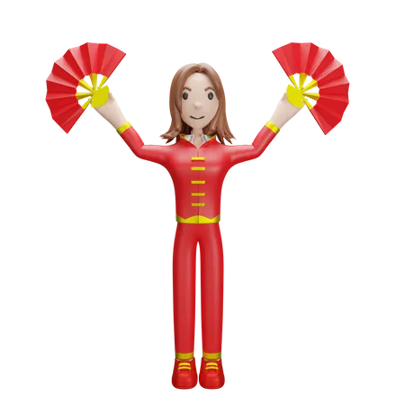 Chinese Girl holding Chinese fan  3D Illustration