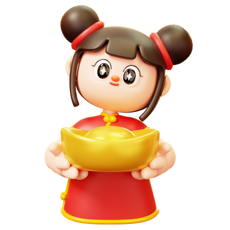 Chinese Girl Holding Gold Ingot  3D Icon