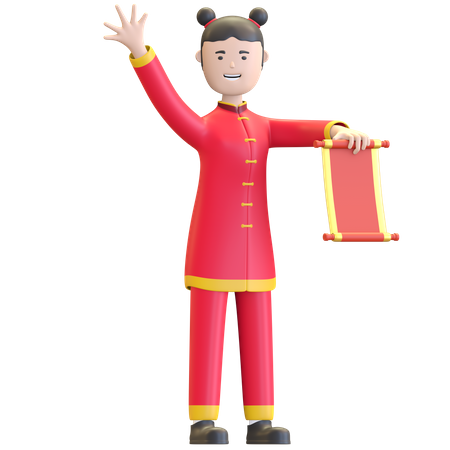 Chinese Girl holding hand scroll  3D Illustration