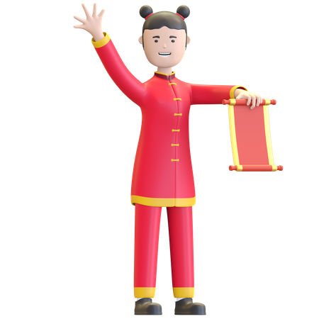 Chinese Girl holding hand scroll 3D Illustration