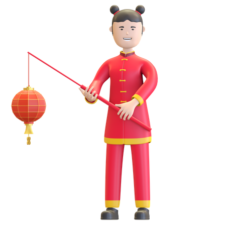 Chinese girl holding lantern  3D Illustration