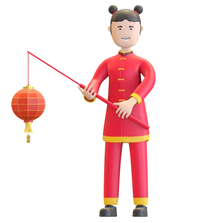 Chinese girl holding lantern  3D Illustration