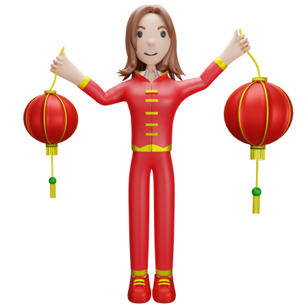 Chinese Girl holding Chinese lantern  3D Illustration