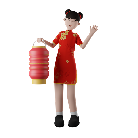 Chinese Girl Holding Lentern  3D Illustration