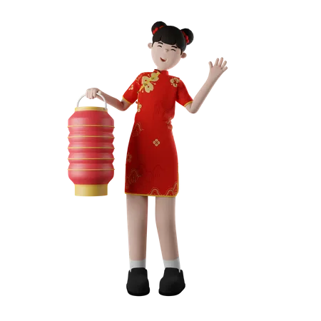 Chinese Girl Holding Lentern  3D Illustration