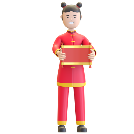 Chinese Girl holding Chinese scroll letter  3D Illustration