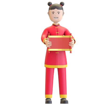 Chinese Girl holding Chinese scroll letter  3D Illustration