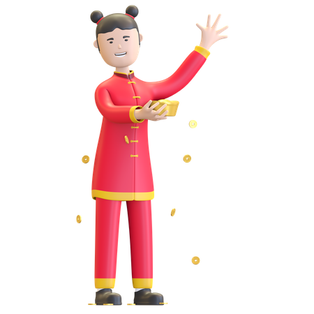 Chinese Girl holding traditional gold sycee  3D Icon