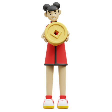 Chinese Girl Is Holding Gold Coin  3D Icon