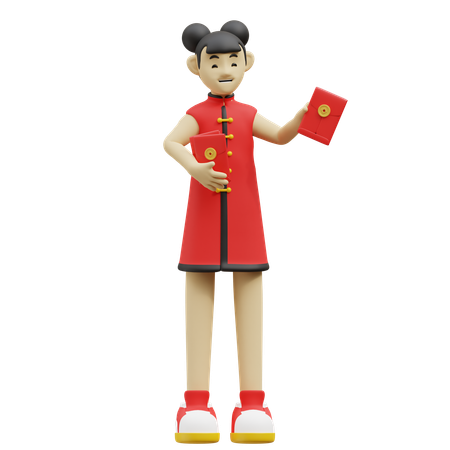 Chinese Girl Is Holding Red Enevelop  3D Illustration