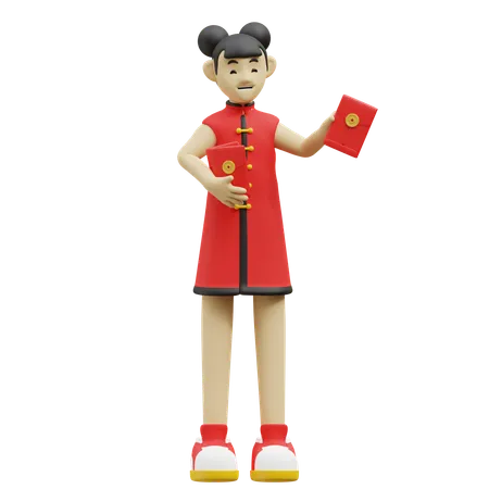 Chinese Girl Is Holding Red Enevelop  3D Illustration