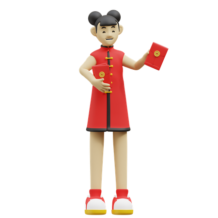 Chinese Girl Is Holding Red Enevelop  3D Icon