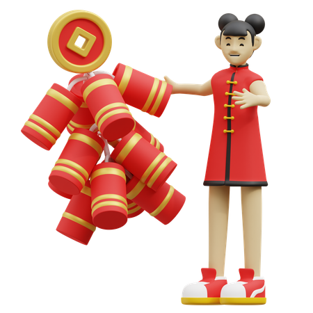Chinese Girl Is Lighting Up Crackers  3D Icon