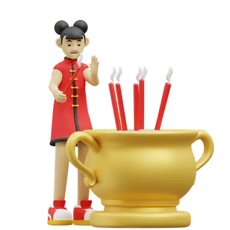 Chinese Girl Is Standing Near Incense Sticks  3D Illustration