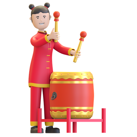 Chinese Girl playing traditional percussion drum  3D Illustration