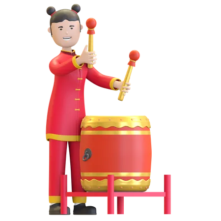 Chinese Girl playing traditional percussion drum  3D Illustration