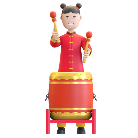 Chinese Girl playing traditional percussion drum  3D Illustration